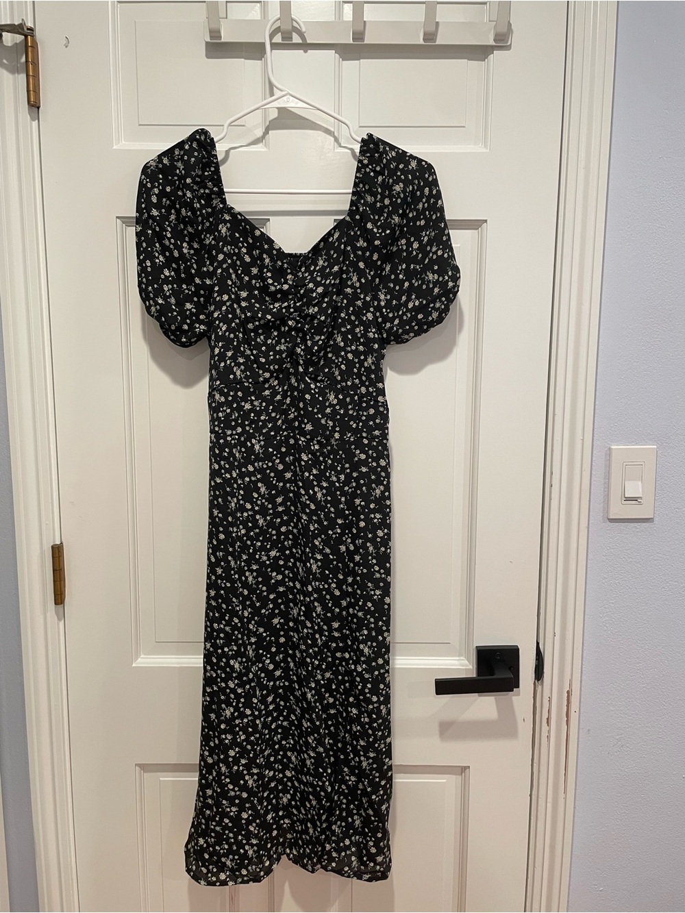 French Floral Puff-Sleeve Midi Dress with thigh-high slit on the left leg